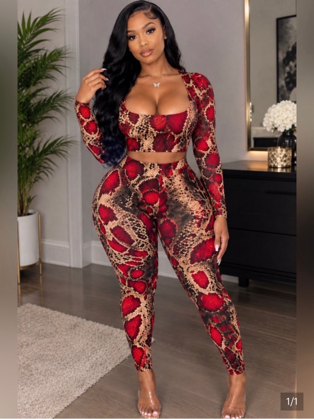 Women’s Red Snake-Print Two-Piece Jumpsuit Set